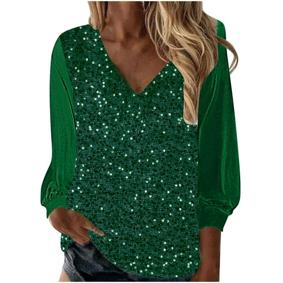 Samickarr Sparkly Sequin Sweatshirts for Women Long Ruffle Sleeve V Neck Tunic Pullovers Fall Fashion Loose Solid Color Casual Tops