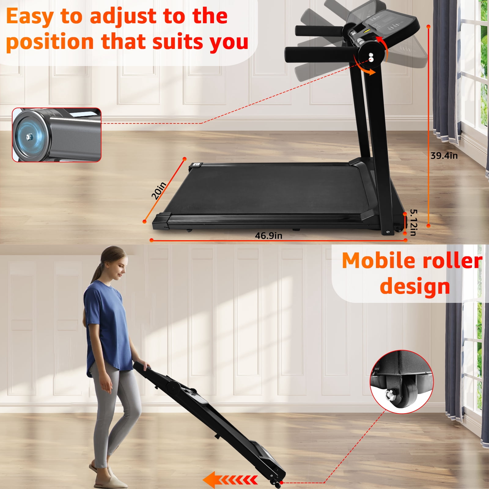 EVGTTI Treadmill with Handles, Portable Small Treadmills for Home and Office, 3.0HP Folding Walking Pad with 330 lbs Capacity