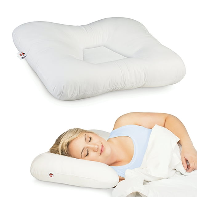 Core Products Oreiller de Soutien Cervical à Trois Cœurs en petite Taille, Présenté sous une Conception Orthopédique Ferme avec un Centre Profilé pour les Dormeurs sur le Dos et des Zones Latérales Surélevées pour les Dormeurs sur le Côté. l'Oreiller Blanc Est Fait d'Un Rembourrage en Fibre Respirante et Mesure 19 Pouces par 12 Pouces. Il Est Conçu pour Soulager la Douleur au Cou, les Maux de Tête et Améliorer l'Alignement de la Colonne Vertébrale. l'Image Démontre Aussi Son Utilisation Ergonomique pour le Sommeil sur le Côté.