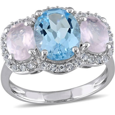 Tangelo 5-7/8 Carat T.G.W. Sky Blue Topaz, Rose Quartz and White Topaz Sterling Silver Three-Stone Ring