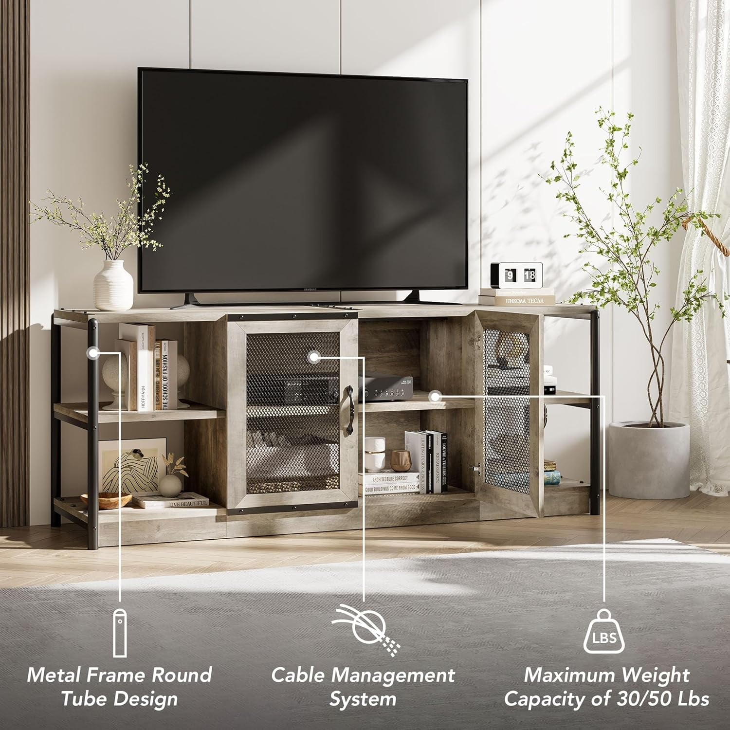 Twister.CK TV Stand for TVs up to 75", Entertainment Center with Storage Cabinet, Rustic TV Media Console Table for Living Room, Gray