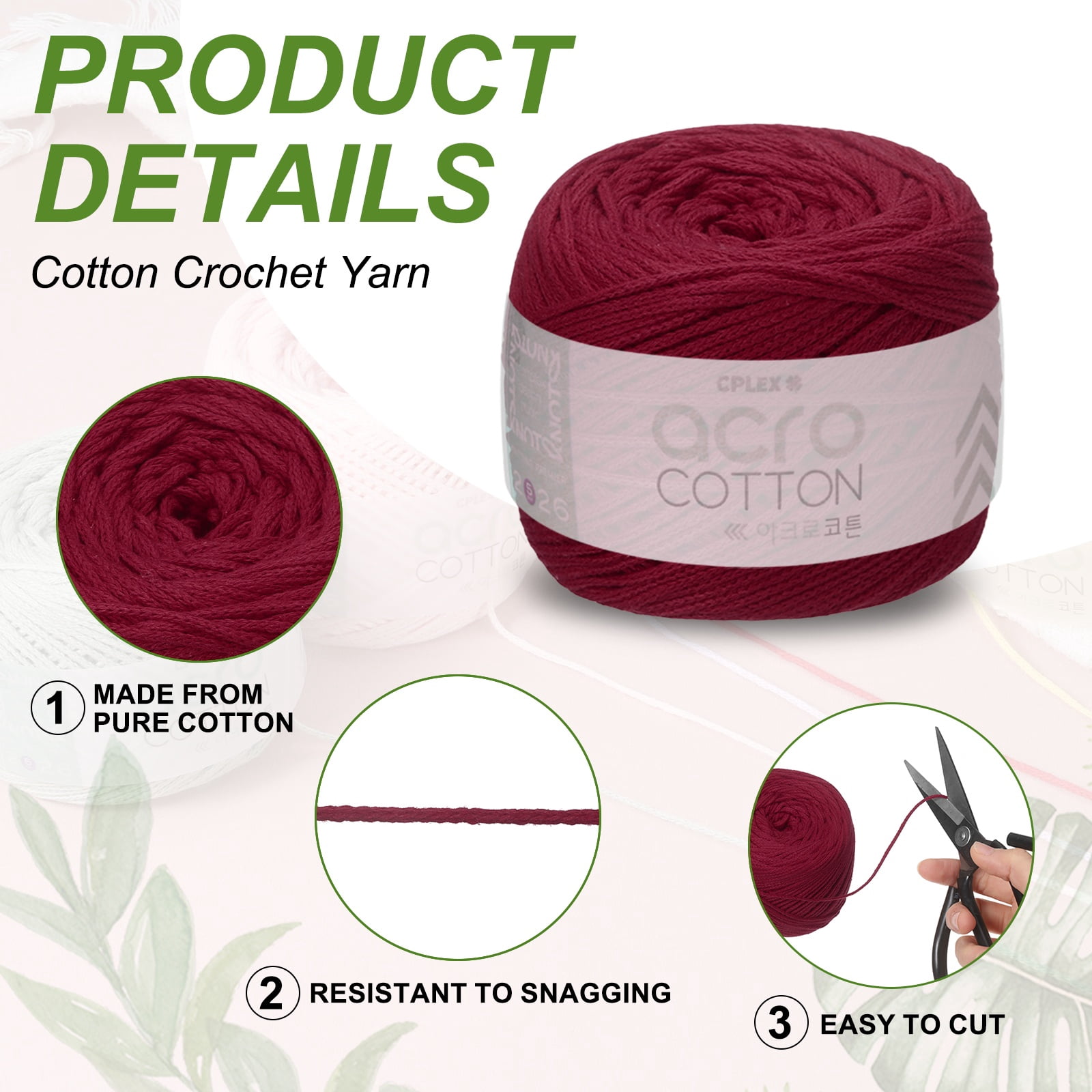 Uxcell 2 Roll Cotton Crochet Yarn, 1.5mm x 164 Yards Macrame Cord Braided Cotton Rope Twine String for Crochet Bag Knitting Crafts Wall Plant Hanging Gift Wrapping, Burgundy