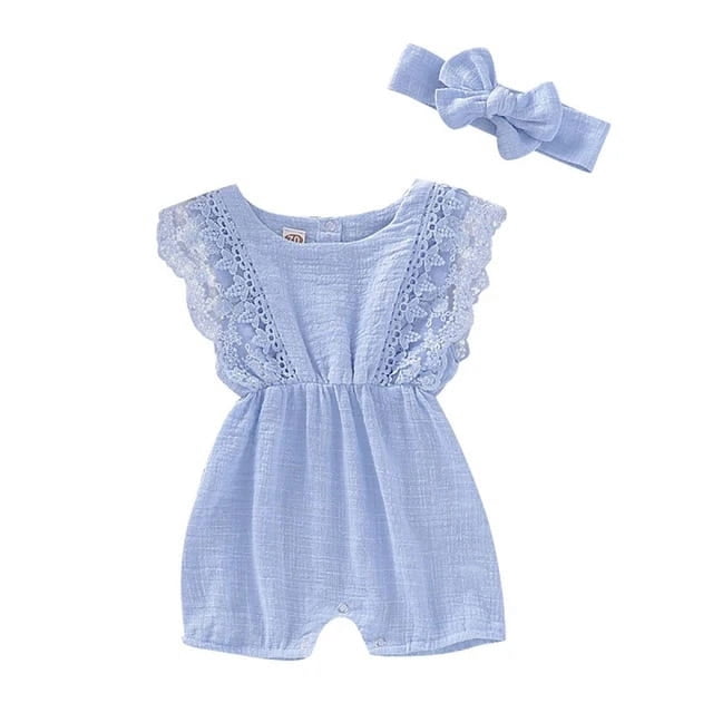Summer Baby Girl Rompers Newborn Baby Clothes Toddler Flare Sleeve Solid Lace Design Romper Jumpsuit With Headband