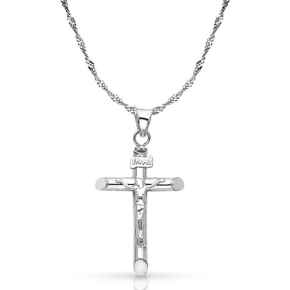 14K White Gold Crucifix Cross Pendant with 1.2mm Singapore Chain Chain Necklace