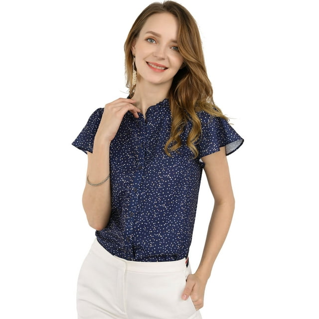INSPIRE CHIC Women's Dots Print Ruffle Stand Collar Button Down Blouse