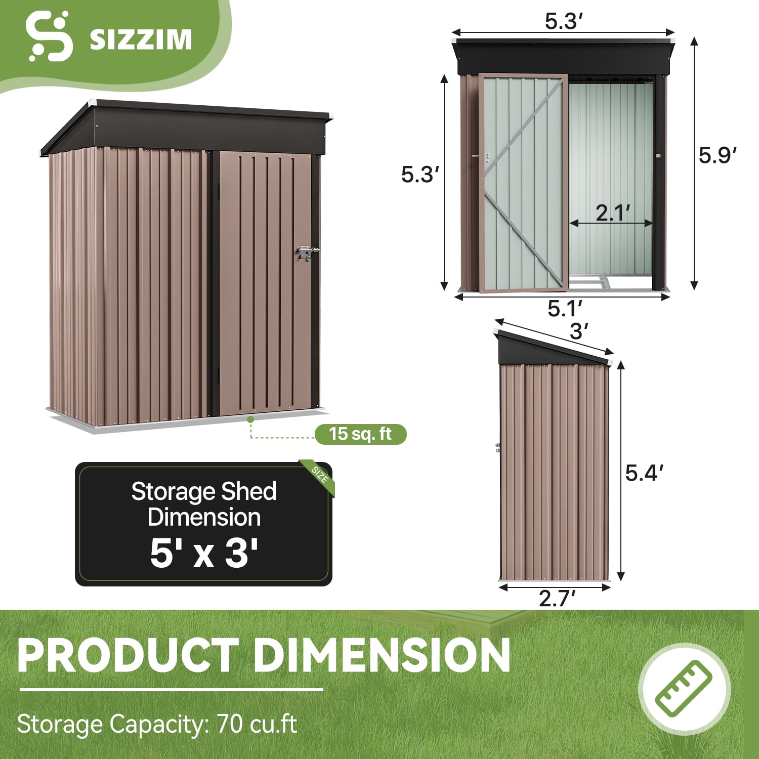 Bapipro 5' x 3' ft Outdoor Storage Shed with Base Frame, Garden Shed with Lockable Door，Metal（Brown）