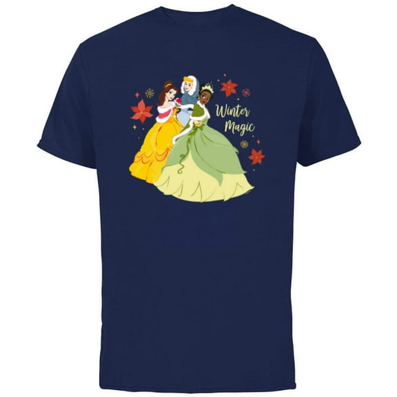 Disney Princess Tiana Belle Cinderella Holiday Winter Magic - Short Sleeve Cotton T-Shirt for Adults - Customized-Navy