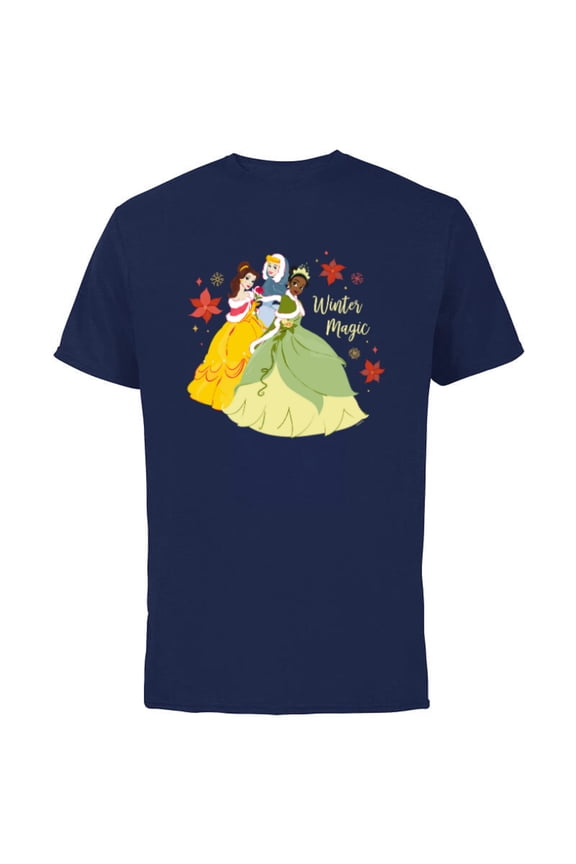 Princess Tiana Belle Cinderella Holiday Winter Magic - Short Sleeve Cotton T-Shirt for Adults - Customized-Navy