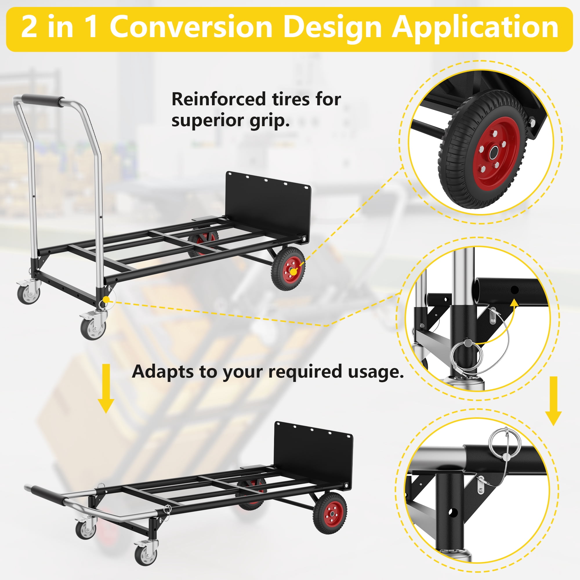 3-in-1 Folding Hand Truck Dolly - 600lb Load Rating Convertible 2-Wheel & 4-Wheel Cart for Moving, Warehouses, and Home Use
