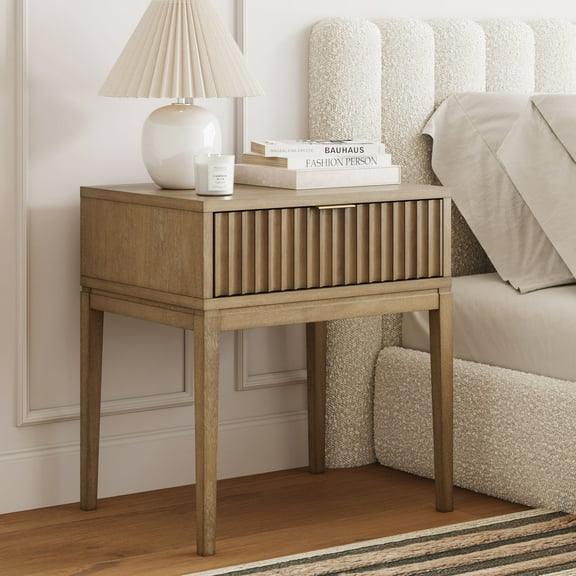 Nathan James James Boho Wood Nightstand with Drawer, Fluted Side Table or End Table with Storage, Light Brown