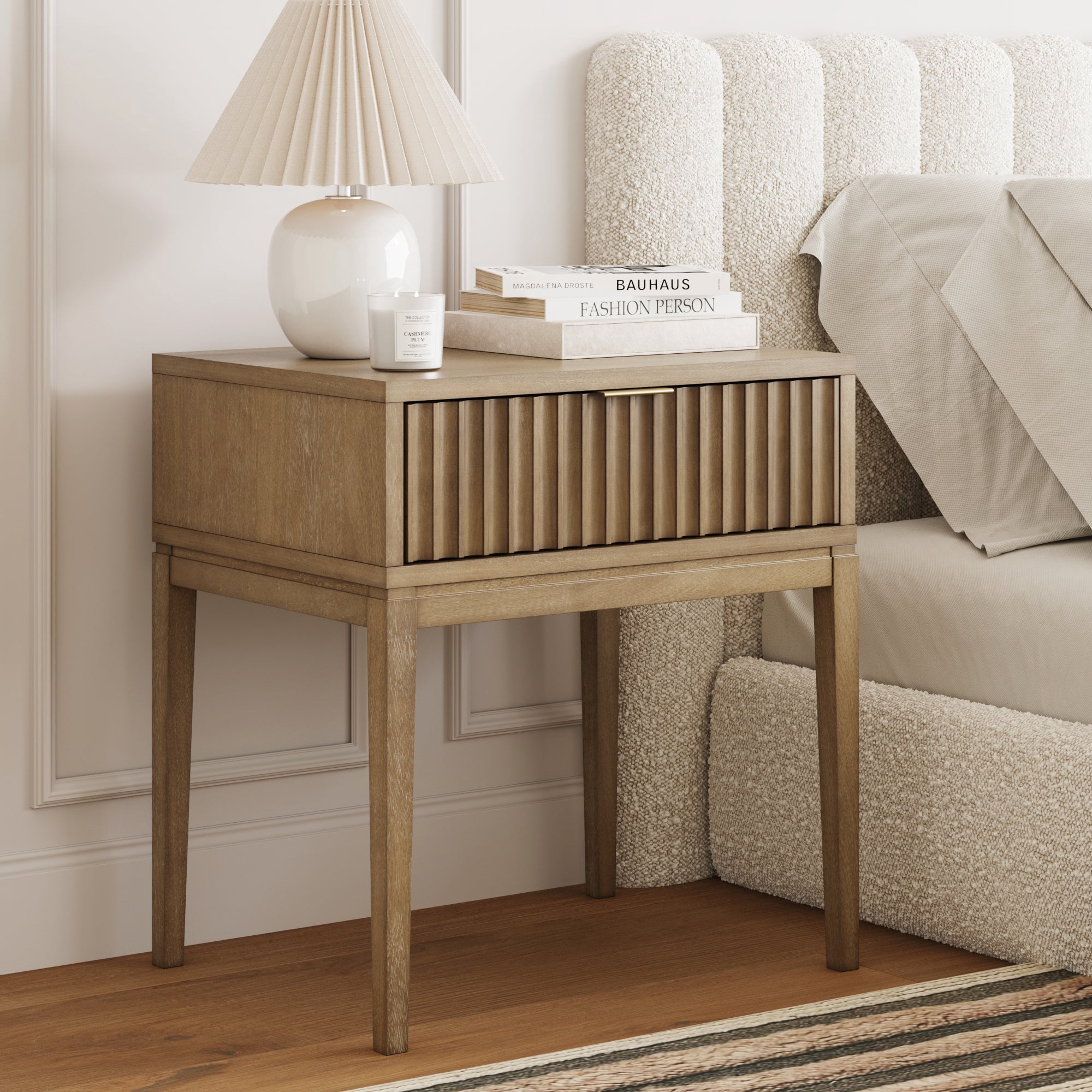 Nathan James James Boho Wood Nightstand with Drawer  Fluted Side Table or End Table with Storage  Light Brown