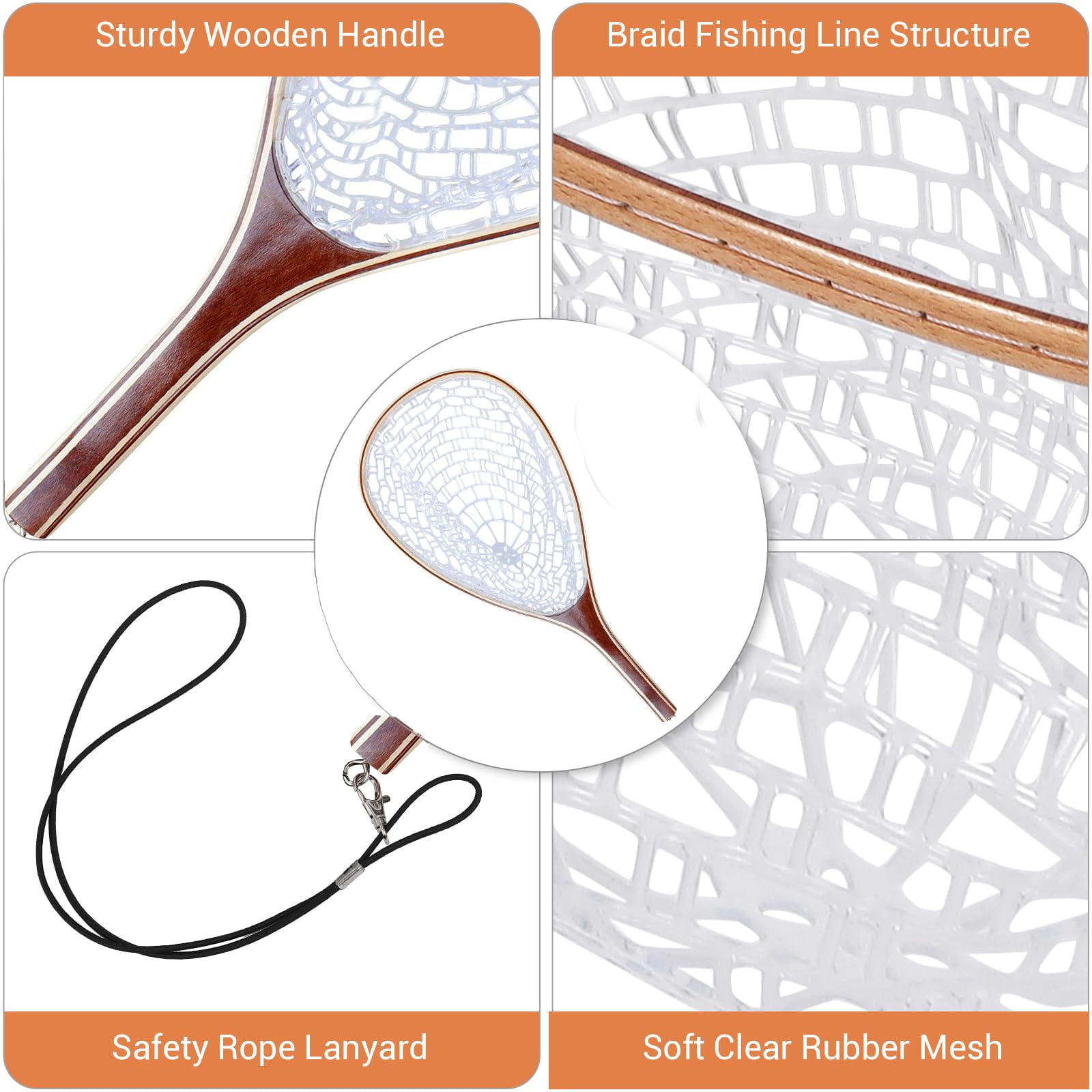 Fly Fishing Landing Net with Wooden Handle – Lightweight Knotless Rubber Mesh Design for Safe Fish Handling, Ideal for Trout, Bass, and Other Freshwater Species in Rivers, Lakes, and Streams