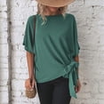 thumbnail image 4 of Women Summer Top Knotted Hem Back Pleated Midline Keyhole Back Half Sleeves Round Neck Summer Shirt Top Bean Green S, 4 of 8