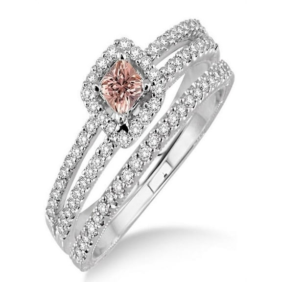 2 Carat Morganite & Diamond Bridal Set two row halo on 10k Yellow Gold
