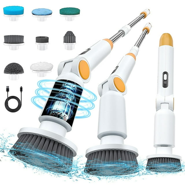 Electric Spin Scrubber with 8 Brush Heads Cordless Cleaning Brush Scrubber 3 Adjustable Handle IPX7 Waterproof LED Digital Display Screen Shower Cleaning Brush for Home Bathroom Kitchen Car
