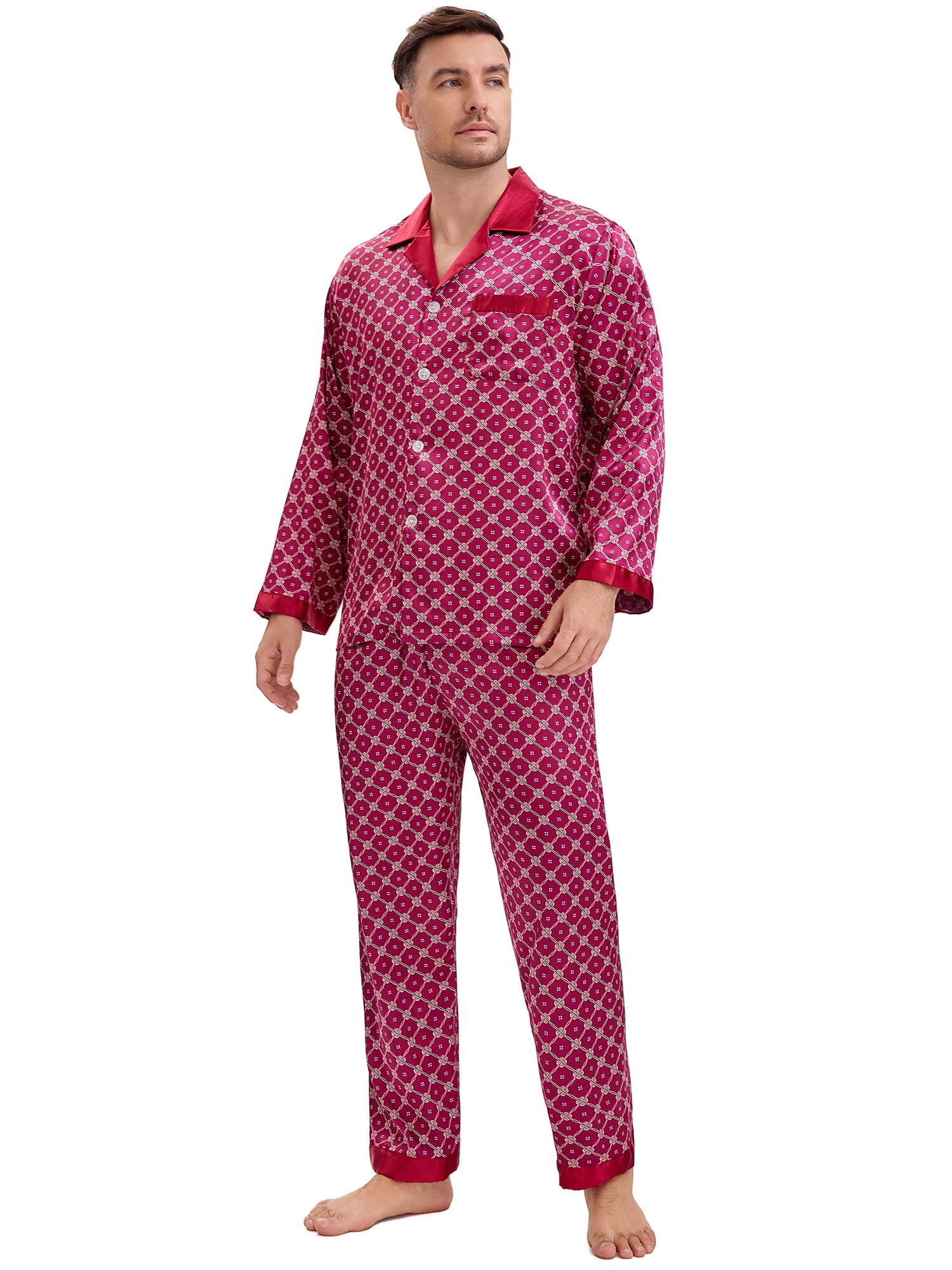 DARING DIVA Men's 2-Piece Button Down Printing Sleepshirt Pajamas Set L Red