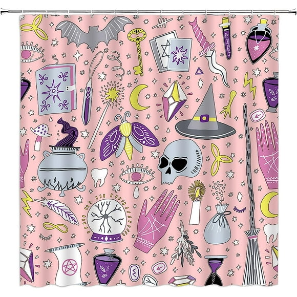 AIR-Spooky Halloween Shower Curtain Witchy Skull Gothic Astrology Alchemy Palmistry Ouija Board Moth Boho Magic Purple Pink Bathroom Home Curtain Decor with Hooks,70" Wx70 H
