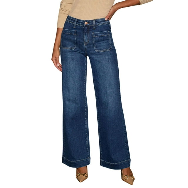 Pantalones Vaqueros de Pierna para Mujer, Cintura Alta, Rectos, Elásticos y con Bolsillos. Azul Oscuro S