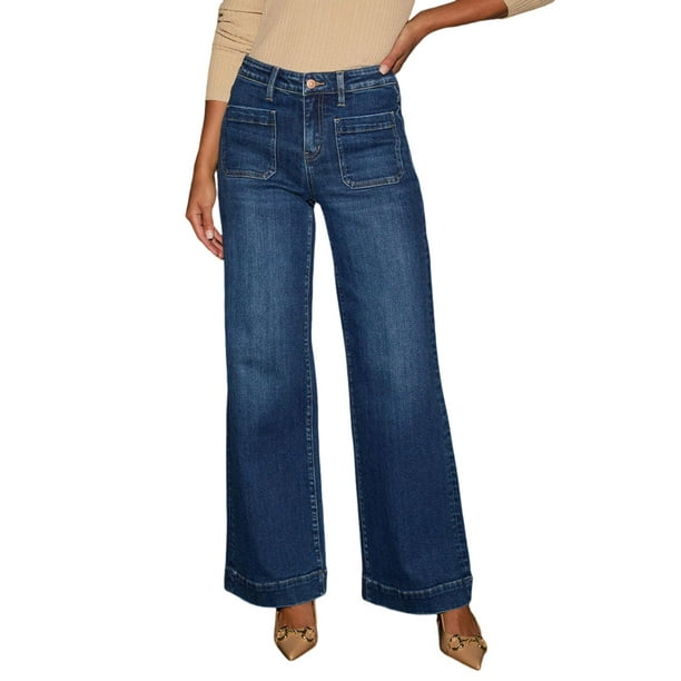 Pantalones Vaqueros de Pierna para Mujer, Cintura Alta, Rectos, Elásticos y con Bolsillos. Azul Oscuro L
