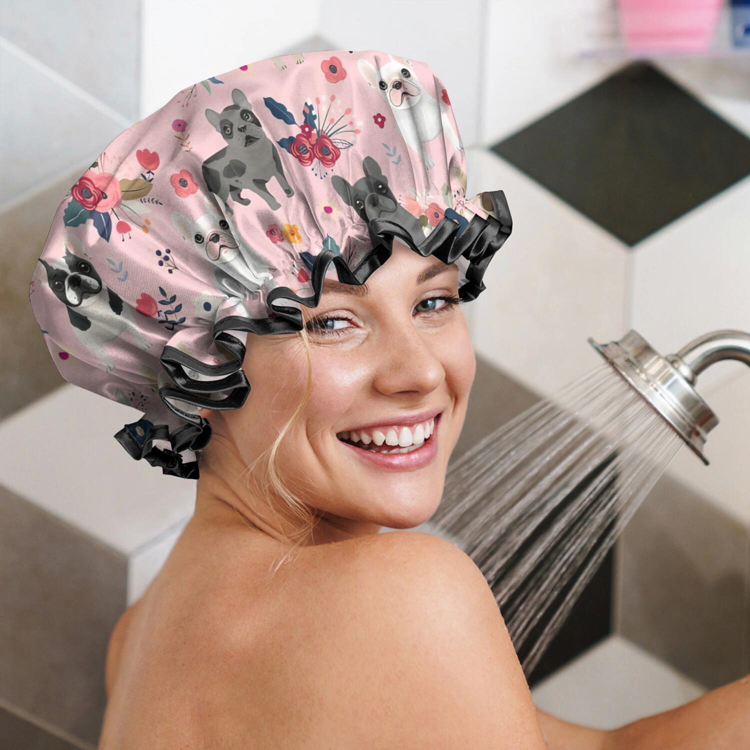 Shower Caps,French Bulldog Dog Pattern with Pioneer Flower Waterproof Shower Cap for Women 4 Pieces,Double Reusable Hair Cover for Shower PEVA Elastic Stretch Hem