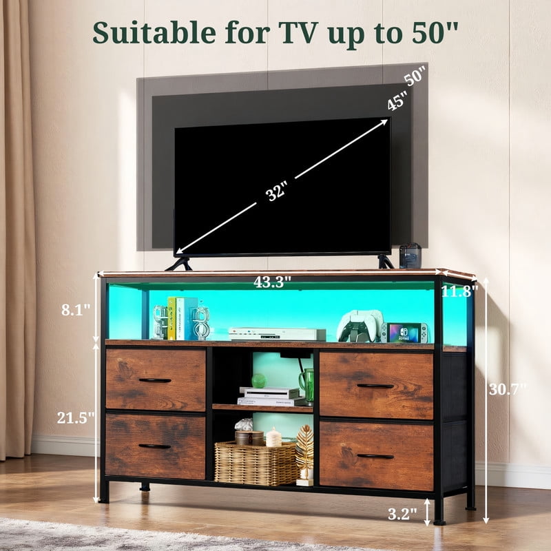 Kelno 47 Inch TV Stand with LED Lights Charging Station AC USB Type-C Ports Media Console with 4 Fabric Drawers Open Shelves, Rustic Brown