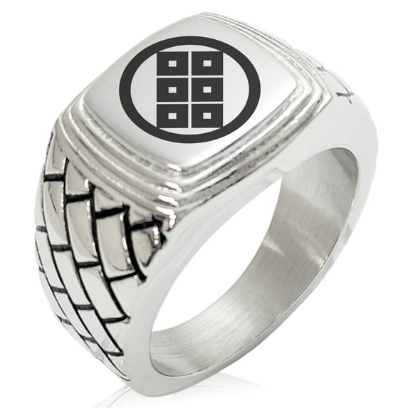 Stainless Steel Shoni Samurai Crest Geometric Pattern Step-Down Biker Style Polished Ring