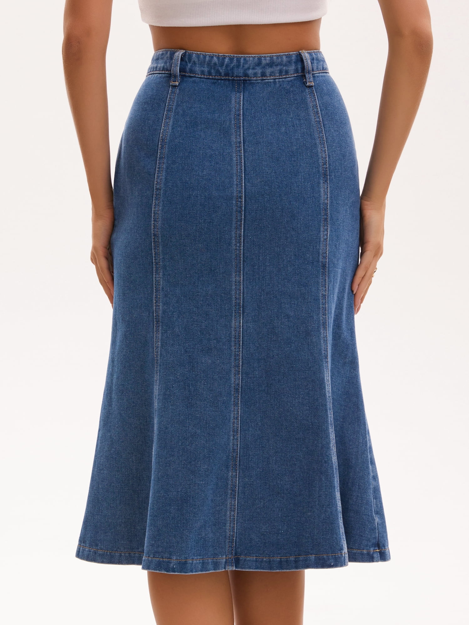 DARING DIVA Women's Denim Ruffle Below Knee Fishtail Jean Skirts Large Blue