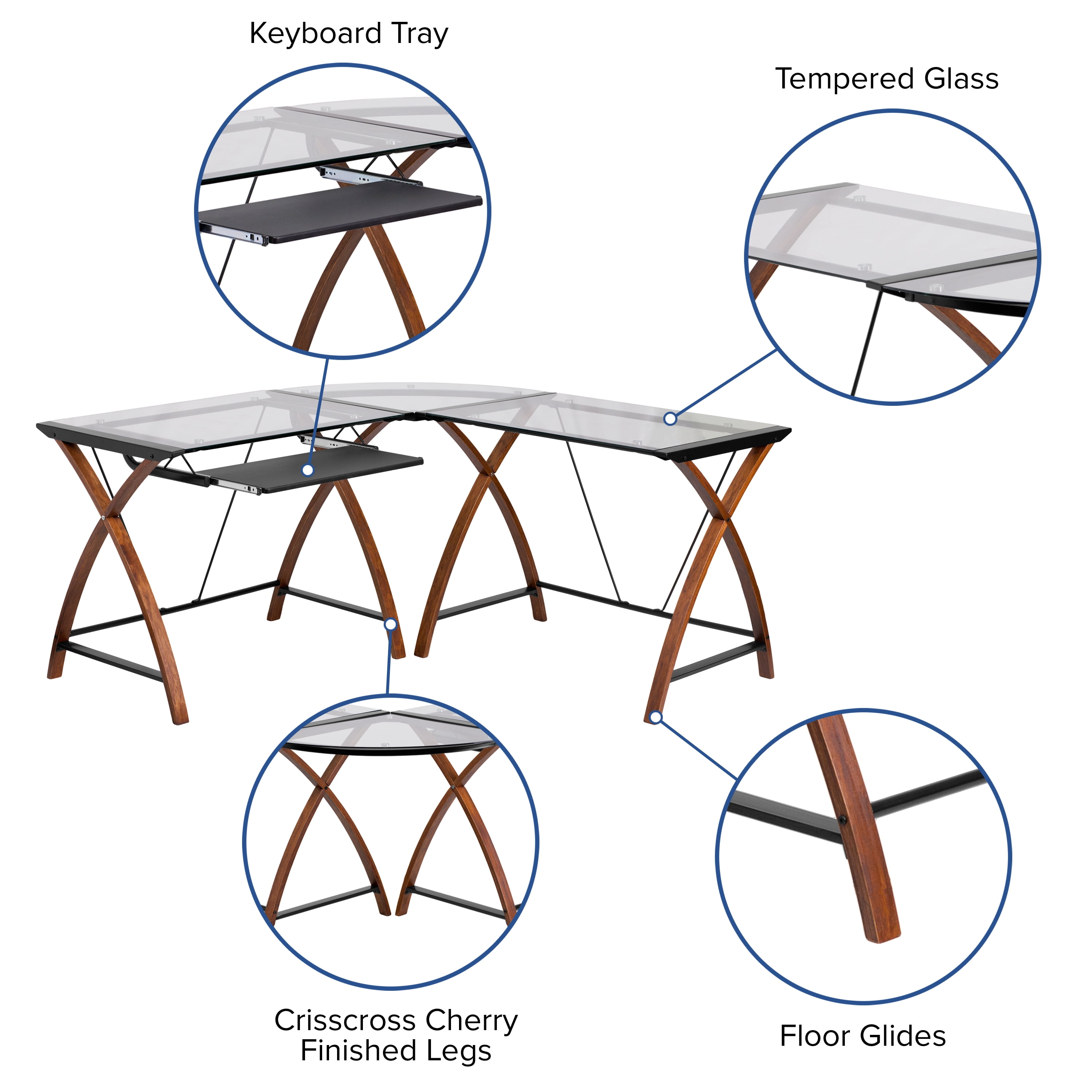EMMA + OLIVER L-Shape Glass Desk with Pull-Out Keyboard Tray, Clear Cherry