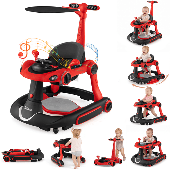 INFANS 6-in-1 Baby Walker, Converts Push Car to Bouncer, Rocker with Music, Lights, Adjustable Height & Speed, Activity Center, Canopy for 7-18 Months