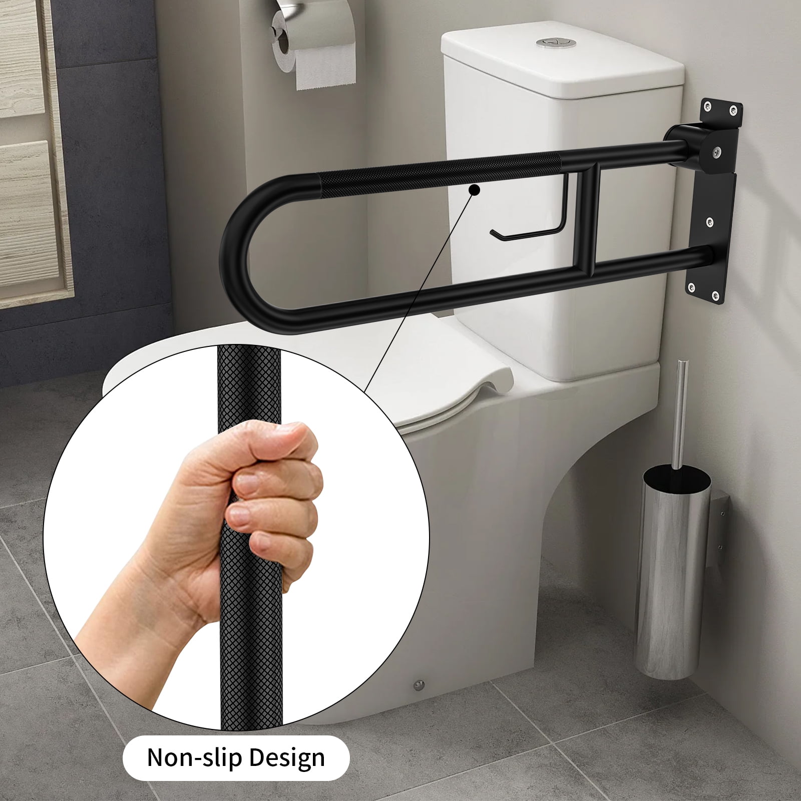 Toilet Grab Bar 30.3 Inch, ZUEXT U Shaped Anti-Slip Black Support Rail, Flip-Up Bathroom Grab Bar with Paper Holder, Stainless Steel Knurled Handicap Safety handrails for Elderly Disabled Pregnant