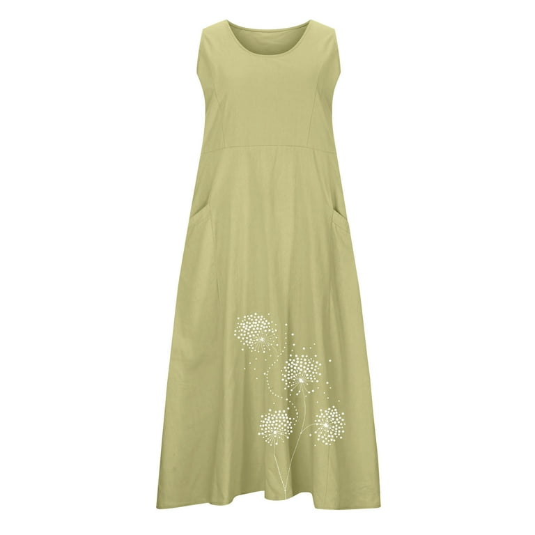 Cotton Linen Dress for Women Summer New Sleeveless Round Neck with Chest  Button Design Long Dress Solid Color Casual Flowy Maxi Dresses with Pockets  - Walmart.com