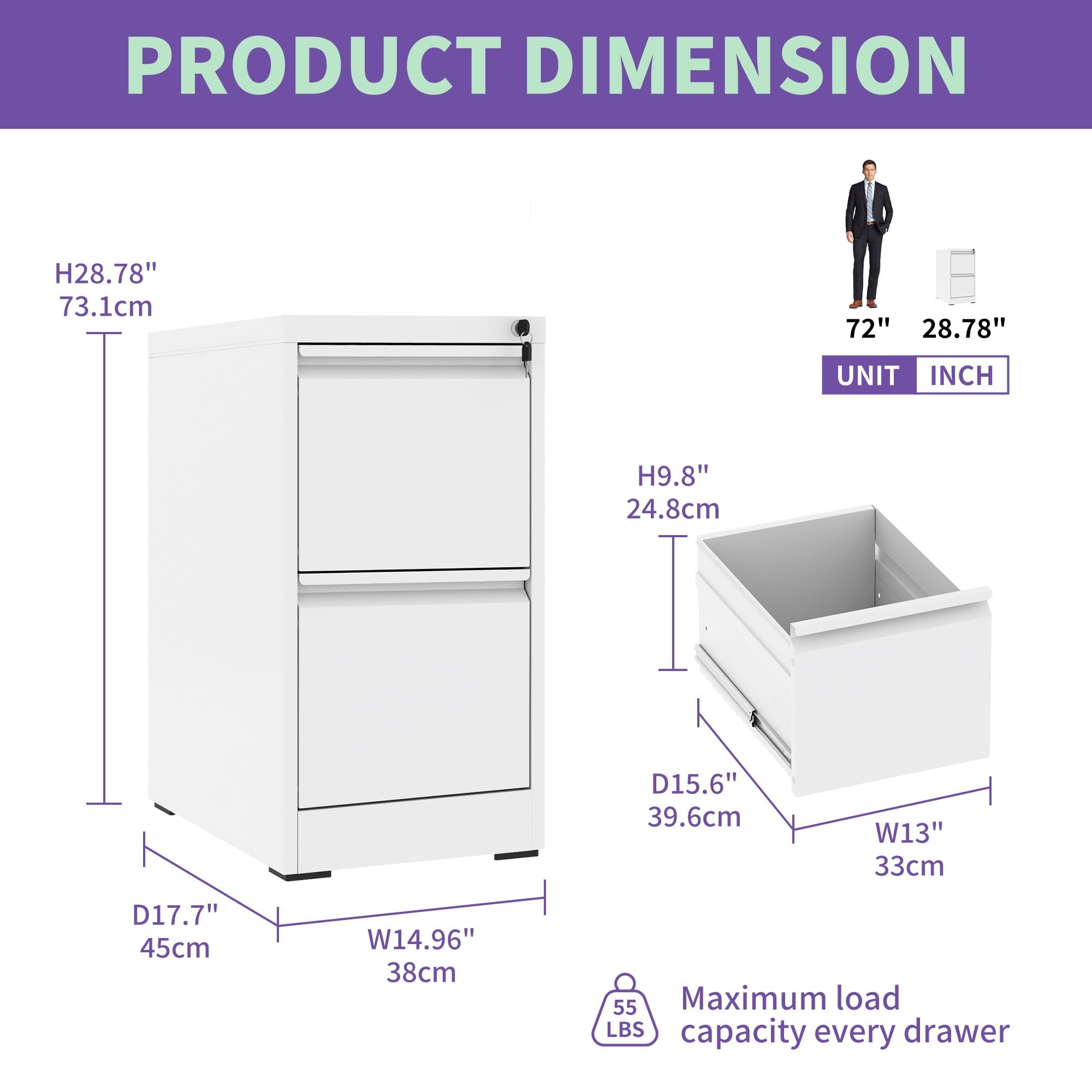 Dtwnek 2 Drawer Metal Vertical File Cabinet with Lock, Office Home Steel Vertical File Cabinet for A4 Letter Size, White