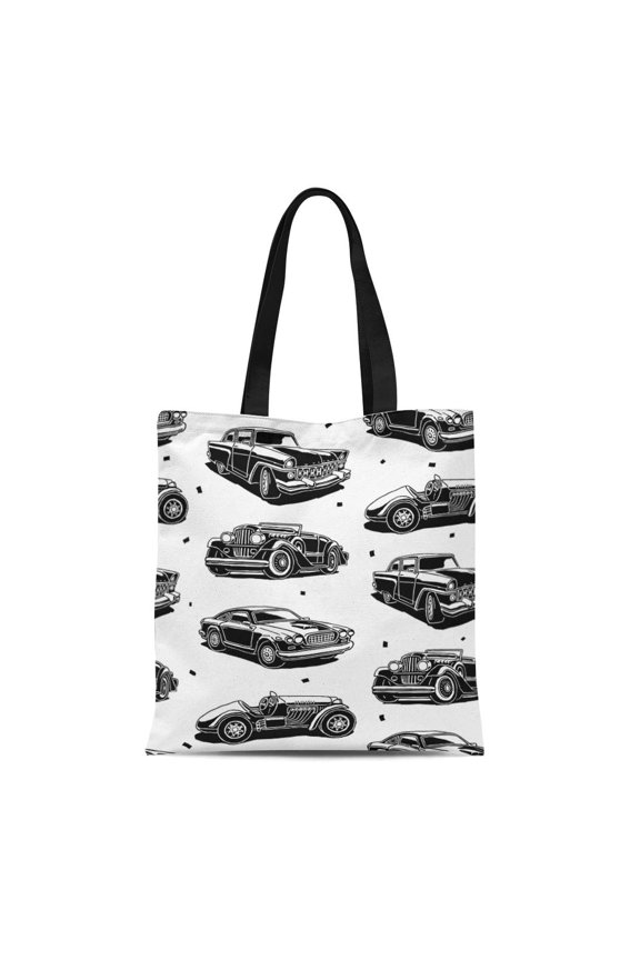 Canvas Bag Resuable Tote Grocery Shopping Bags Car Retro Autos Pattern Vintage Classic Garage Black Service Transportation Old Tote Bag