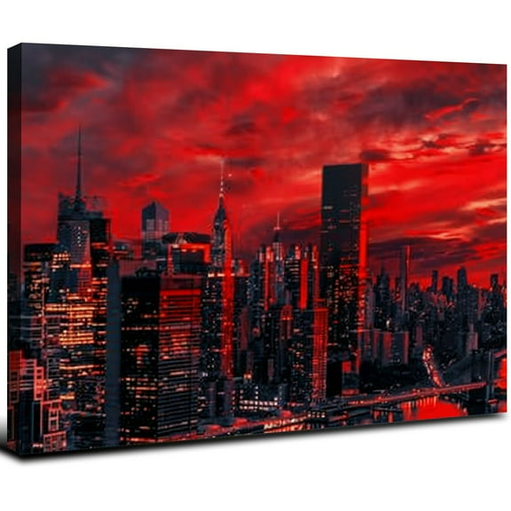 Acheng  Huge New York City Canvas Wall Art Manhattan Skyline Night View Picture Painting Modern Black and Red City Poster Prints for Home Office Living Room Wall Decoration (Red) 20x16inch
