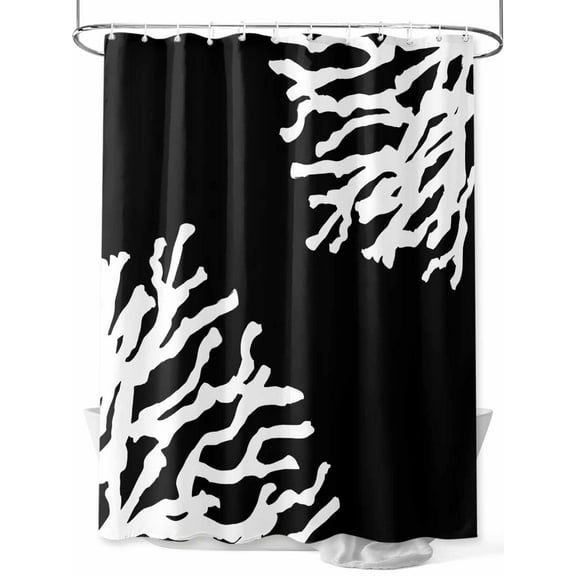 Nautical Coastal Shower Curtain, Ocean Coral Print Bathroom Decor Curtains Set with Hooks, Black White Waterproof Fabric Home Accessories， 72 X 72 Inch Long