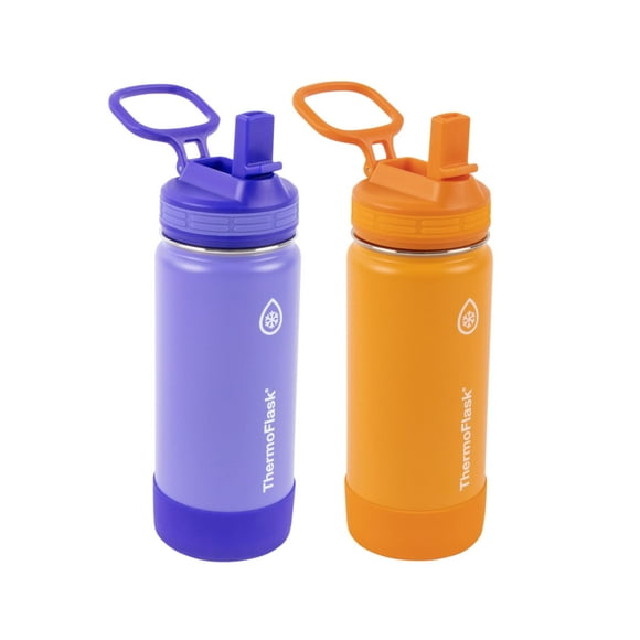 Botella de agua Thermoflask Kids de 480 ml con tapa con pajita, color morado y naranja