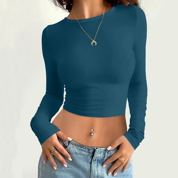 Women Long Sleeve Slim Fit Crew Neck Thermal Underwear Top Casual Streetwear Clean Girl Basic Crop T-Shirt, S, Navy