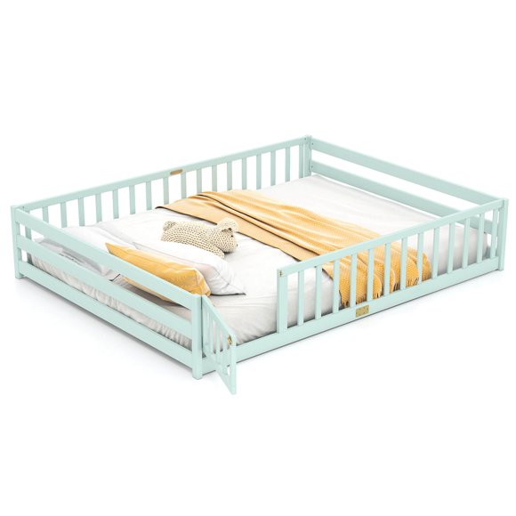 Costway Queen Size Floor Bed with Full Length Safety Guardrails & Door for Boys, Girls Mint Sky