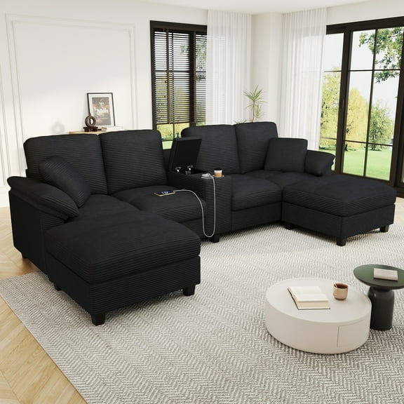 117" Modular Sectional Sofa with Storage Ottomans, Upholstered Corduroy Cloud Couch with Console, Charging Station and Cup Holders, 4 Seat U-Shaped Couches for Living Room, Black