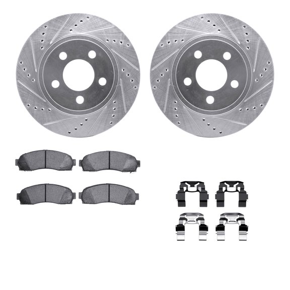 Dynamic Friction Company Front Brake Rotors-Drilled and Slotted-Silver with 5000 Advanced Brake Pads includes Hardware 7512-54139