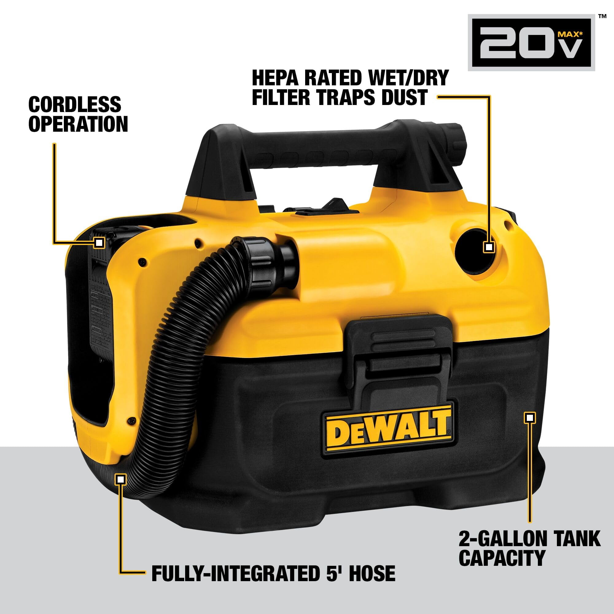 DEWALT 20V MAX Cordless Wet-Dry Vacuum, Portable Shop Vac, 2 Gallon Tank Capacity, Tool Only (DCV580H)