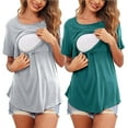 thumbnail image 2 of IROINNID Discount Plain Maternity T Shirts for Women Pregnant Solid Color Round Neck Short Sleeve Nursing Blouse Two Pieces,Blue, 2 of 9