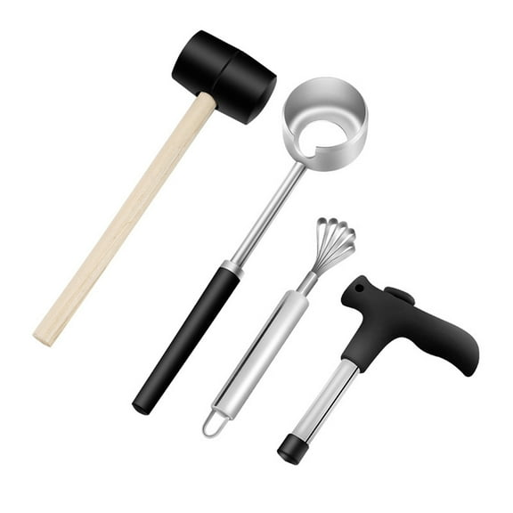 CIYISON Stainless Steel Coconut Opener Straw and Wooden Handle Rubber Hammer Tools Set