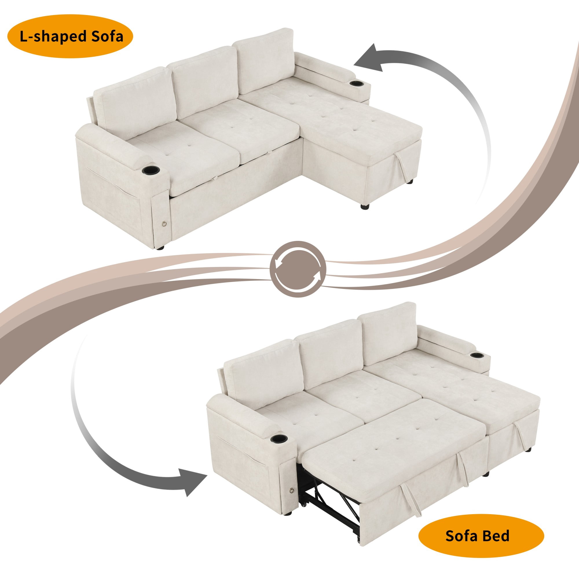 83.5" L-shaped Sofa Couch Convertible Sofa Bed Sectional Sofa Pull Out Bed with Two Cup Holders and Two USB Ports for Living Room,Beige