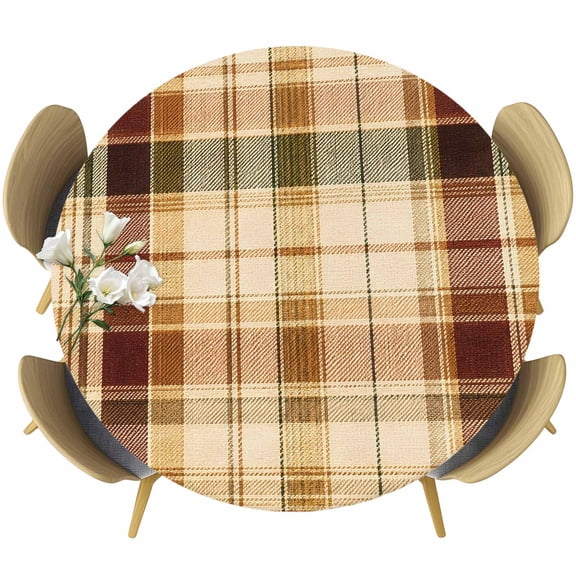 Round Table Cover 36-44 Inch Warm Brown Checked Waterproof Reusable Table Cloth Round Fitted Vinyl Tablecloth with Elastic Edged for Parties Outdoors, Fall Farmhouse Buffalo Plaid