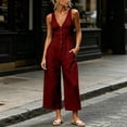 thumbnail image 5 of IUYRTFE Women Cotton Linen V Neck Button Down Jumpsuit Sleeveless Wide Leg Romper with Pockets, 5 of 7