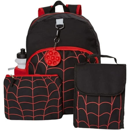 Ralme Boys Spiderweb Backpack with Lunch Box and Water Bottle 6 Piece 16 inch Red Black
