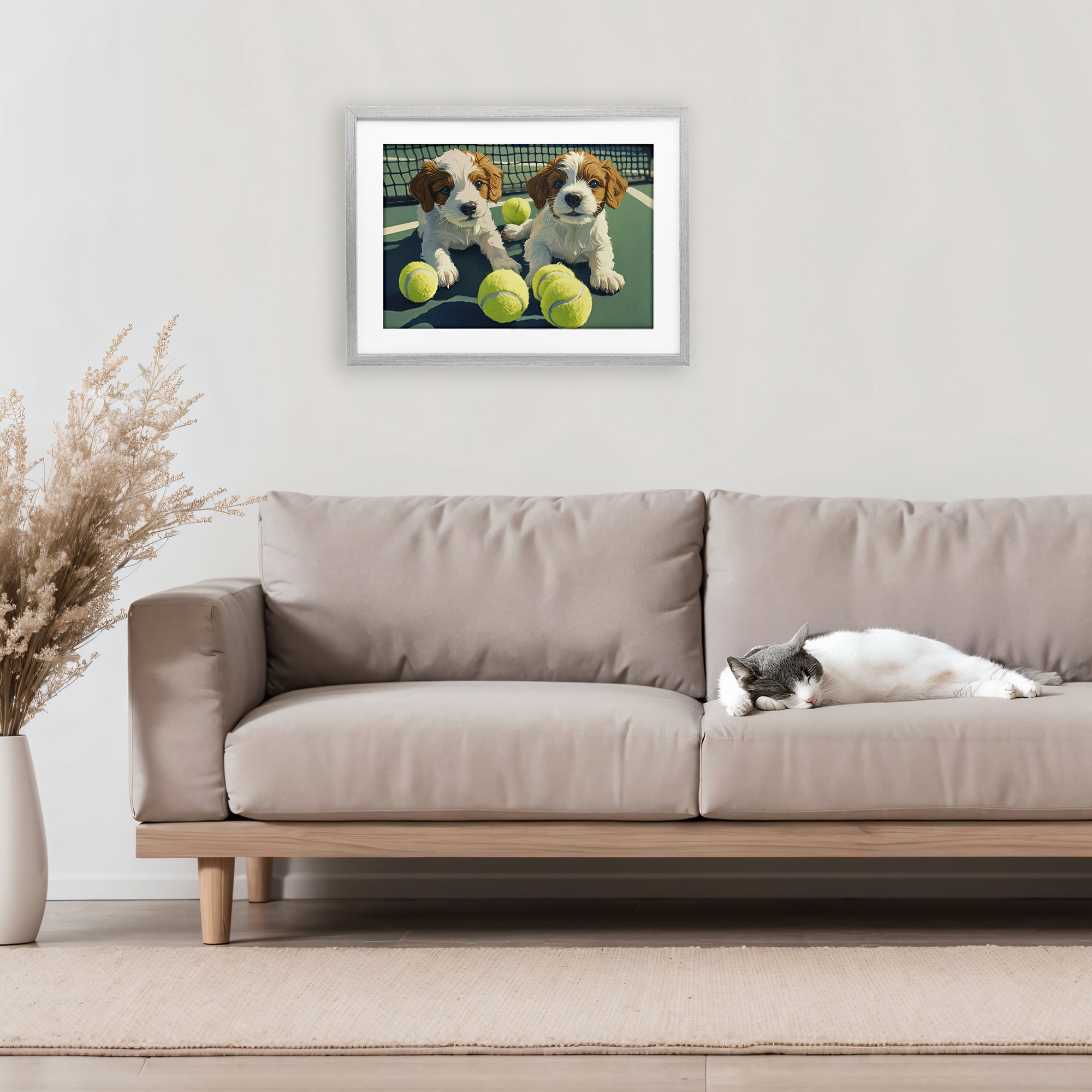 Stupell Industries Playful Puppies with Tennis Balls Gray Framed Print Under Glass, design by Imagine It Images