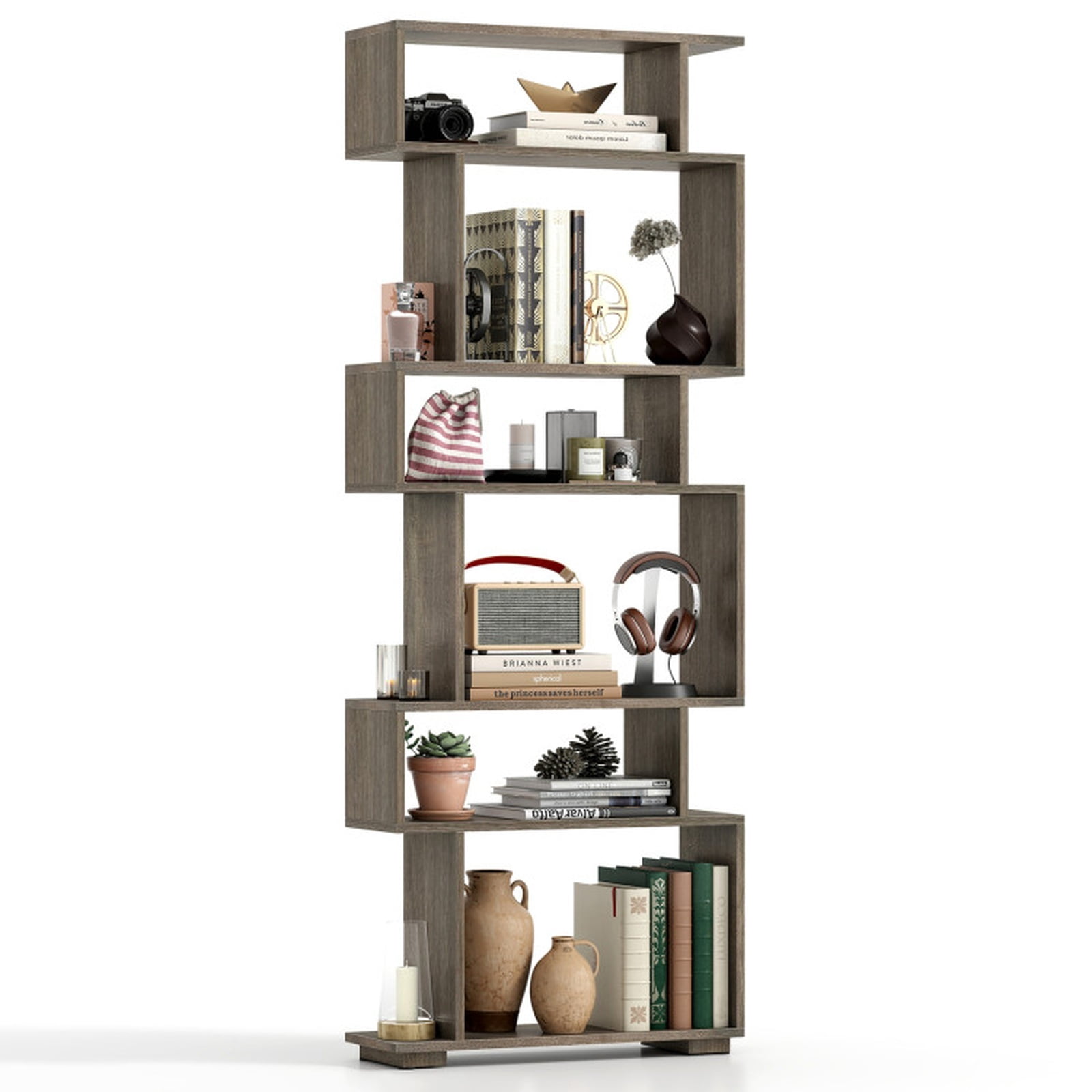 Furnibear 6-Tier Geometric Bookshelf with 2 Anti-Tipping Kits for Home Office for Living Room Home Office Bedroom Display Storage Shelf, Oak
