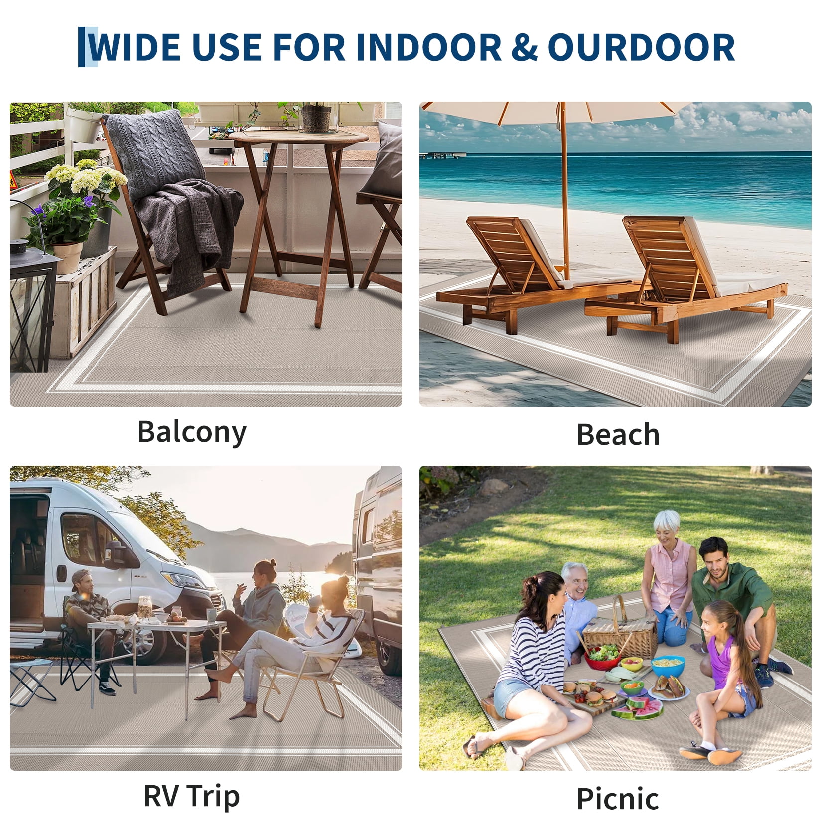 Garvee 9'x18' Waterproof Outdoor Rug, Reversible Patio Area Rug Indoor Outdoor Carpet, Plastic Modern Geometric Carpet for RV Camping Deck Balcony Porch Picnic, Gray Coffee